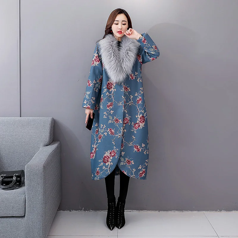 Осенне-зимняя одежда модное длинное шерстяное пальто женское Новое теплое шерстяное пальто с меховым воротником высококачественное Женское пальто с принтом