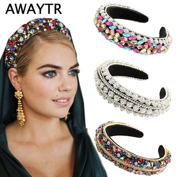 

AWAYTR New Hair Jewelry Shiny Multicolor Geometric Crystal Headband Padded Baroque Rhinestone Hairband For Women Wedding Tiara