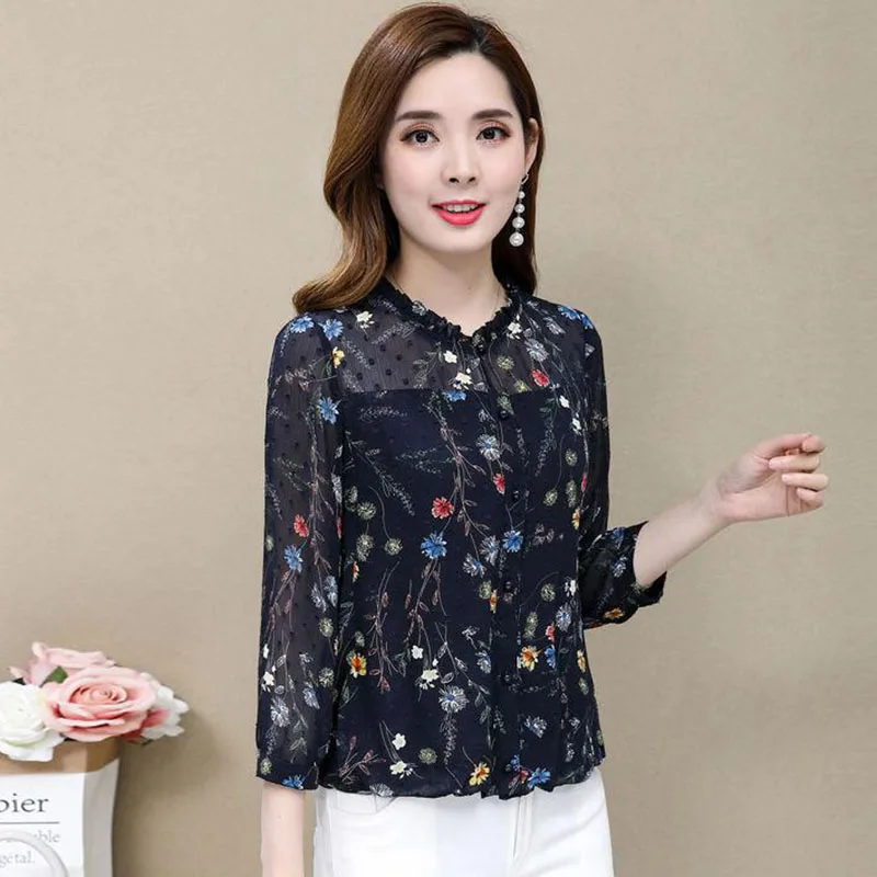  Women Spring Summer Style Chiffon Blouses Shirts Lady Casual Flower Printed Patchwork O-Neck Blusas