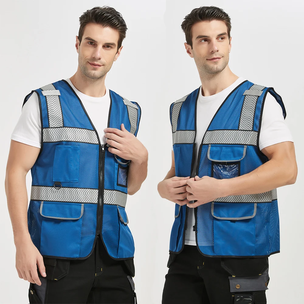 Blue Surveyor's Safety Vest for Men Women Protective Workwear Hi Vis Work Vest With Pockets and Zipper Security
