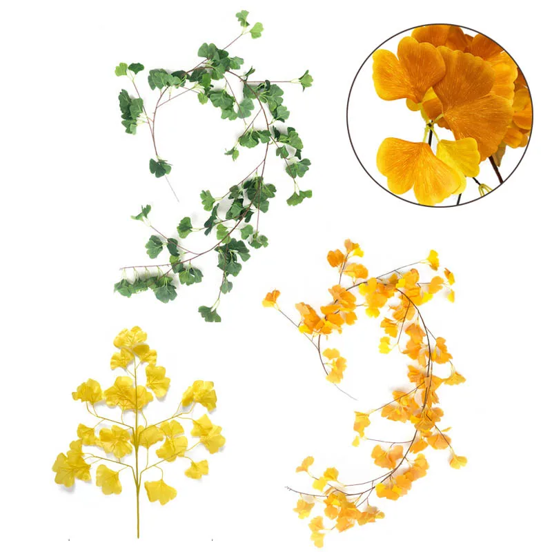 

Artificial Rattan Ginkgo Leaf Leaves Vine Decoration Green Yellow Silk Hanging Eucalyptus Wedding Party Vine