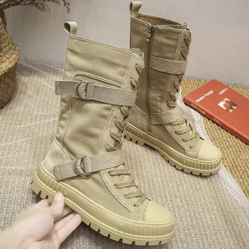 

Women Autumn Platform Mid Calf Boots Female Lace Up Punk Motorcycle Boot Buckle Strap Zip Ladies Canvas Leather Shoes