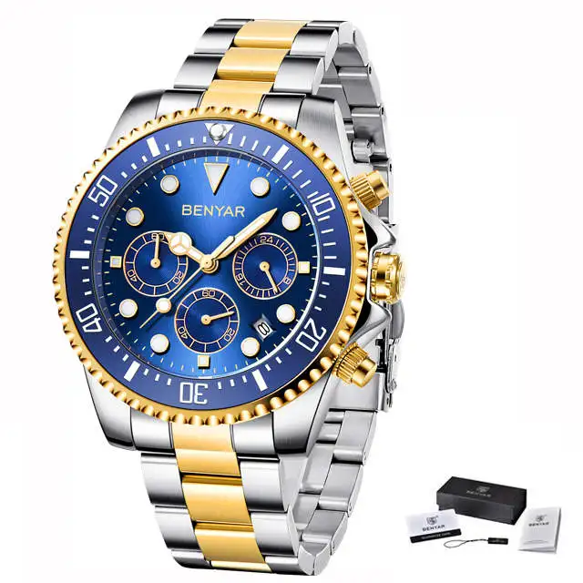 BENYAR мужские повседневные спортивные часы Топ бренд Роскошные армейские военные мужские наручные часы из нержавеющей стали Relogio Masculino - Цвет: Gold blue