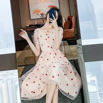 

Floral Embroidery Sweet Mesh Pleated Dress Women Summer Casual Elegant Fairy Femme Dress Midi Vestidos Robe Commute Grace Beach