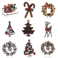 Broche de Navidad serie Pin verde rojo Cristal Diamantes de imitación árbol de Navidad Elk Bells joyería para Mujeres Hombres regalos