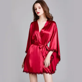 

Red Female Chinese Style Bride Bridesmaid Wedding Robe Satin Kimono Gown Sleepwear Lace Nightdress Intimate Lingerie Homewear