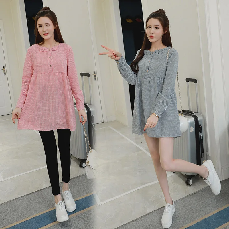 

Maternity Clothes 2018 Spring And Autumn Korean-style New Style Fashion Stripes Bow Crew Neck Mid-length Pregnant Women Dress