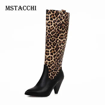 

Mstacchi Woman Animal Pattern Patchwork Sewing Combat Boots Novelty Female Spike Heels Pointed Toe Mature Office Lady Half Boots