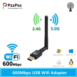 PzzPss – adaptateur Wifi USB 5.8GHz + 2.4GHz, récepteur Wi fi 802.11ac, avec antenne haute vitesse 600Mbps, carte réseau sans fil pour PC 