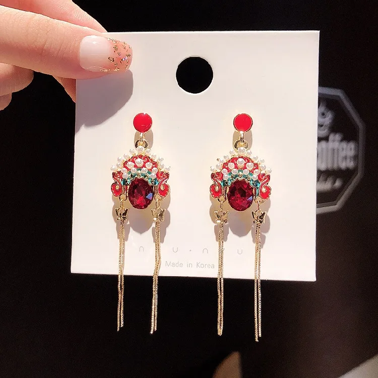 

S925 silver needle vintage ethnic style earrings Peking Opera Chinese style face drop Chinese style jewel studded mask earring
