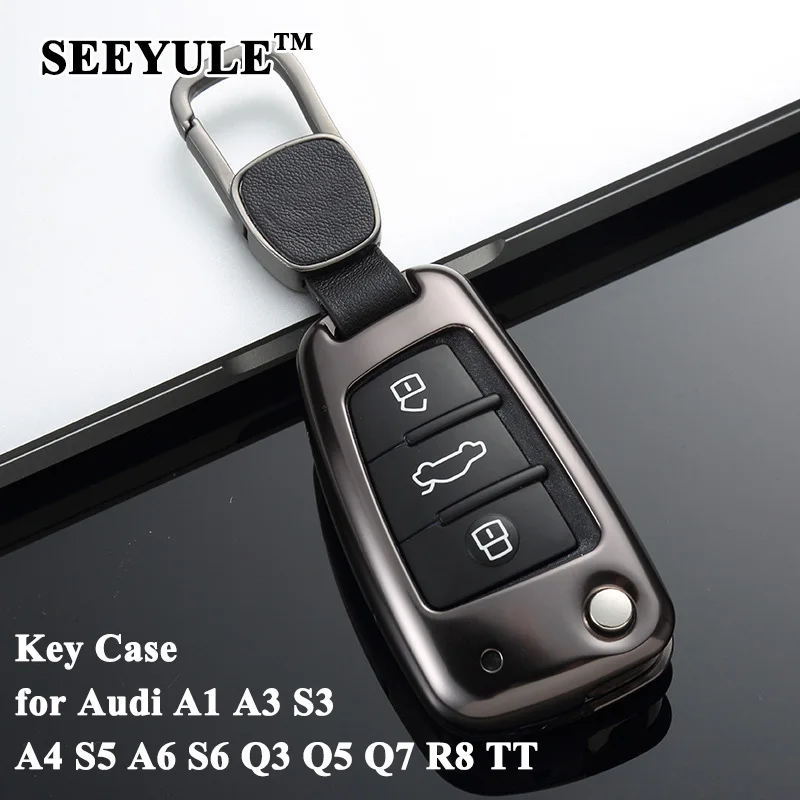 

1pc SEEYULE Car Key Case Shell with Key Chain Key Cover Storage Bag Protector Car Accessories for Audi A3 A4 S5 A6 Q3 Q5 R8 TT