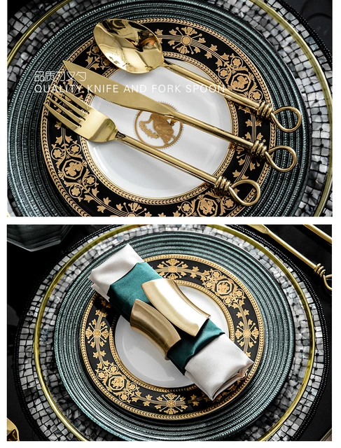Classic Black With Gold Pattern Teal Tableware Set 4