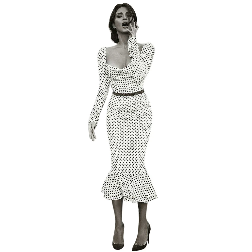 

FREE OSTRICH Winter Women Dress Long Sleeve Square Collar Dot Printed Bodycon Cocktail Prom Gown Dress Autumn Comfortable 806