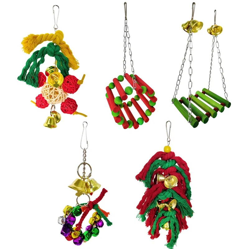 Parrot Bird Cage Chew Toy Bell Ball Training Exercise Coconut Shell Wooden Swing Perch Rest House Handmade Woven 5 Pieces Set