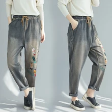 4653 винтажные Женские джинсы-шаровары с вышивкой и героями мультфильмов, свободные джинсы с эластичной резинкой на талии, женские ретро модные джинсы с потертостями