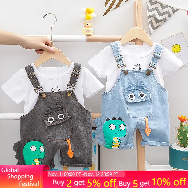 

Denim Overalls Clothes Set for Baby Boys O-neck T-shirt Shorts 2 Pieces/Set New Short-sleeved Infant Children Kids Clothing