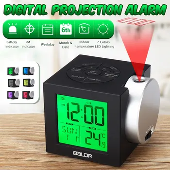 

Digital LED Projection Alarm Clock 7 Colored Thermometer Snooze Weather Function Time and Alarm Display Projector AU/US/EU plug