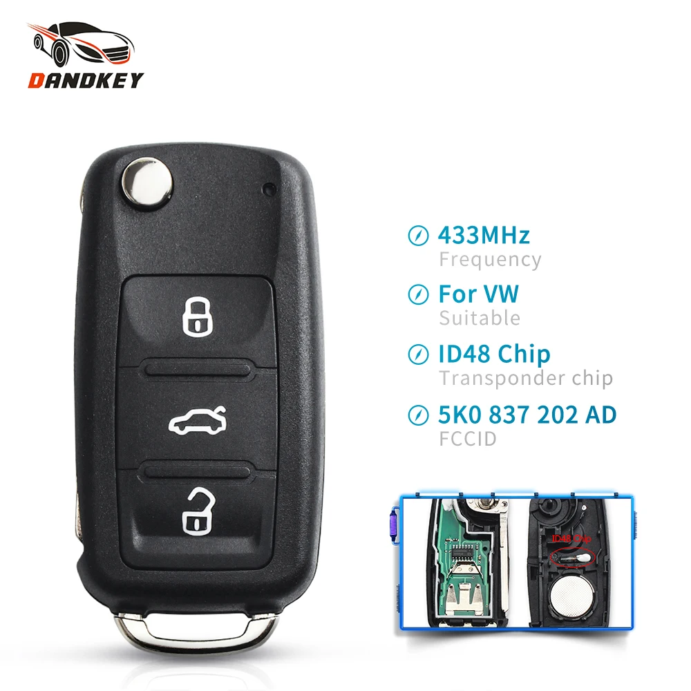 Dandkey для VW 434MHz ID48 чип Fob Автомобильный Дистанционный ключ 5K0837202AD Volkswagen Polo Passat Beetle Eos
