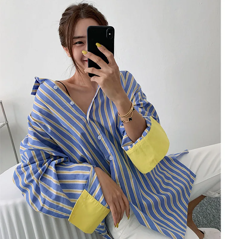 

ZCSMLL Spring autumn new color contrast striped shirt female Korean loose mid-length bottoming shirt fashion casual top