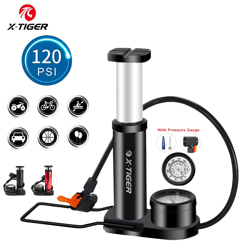 Bomba de pie de aluminio portátil para bicicleta de X-TIGER, inflador de calibre de presión de 120Psi, para ciclismo de montaña
