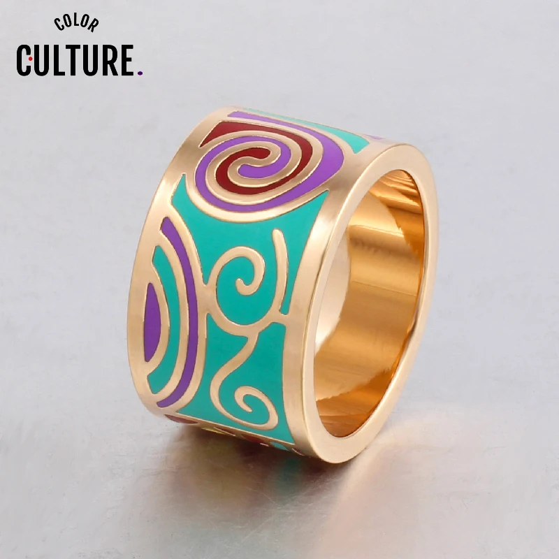 

Big Rings for Women Geometric Patterns gold Stainless Steel Art Rings 13mm Width Trendy Party Metal Enamel Vintage Jewelry