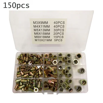 

150pcs Rivet Nut Kit Metric Rivnut Nutsert Flat Type Assorted M3 M4 M5 M6 M8 M10 Auto Car Handheld Disassembly Tool