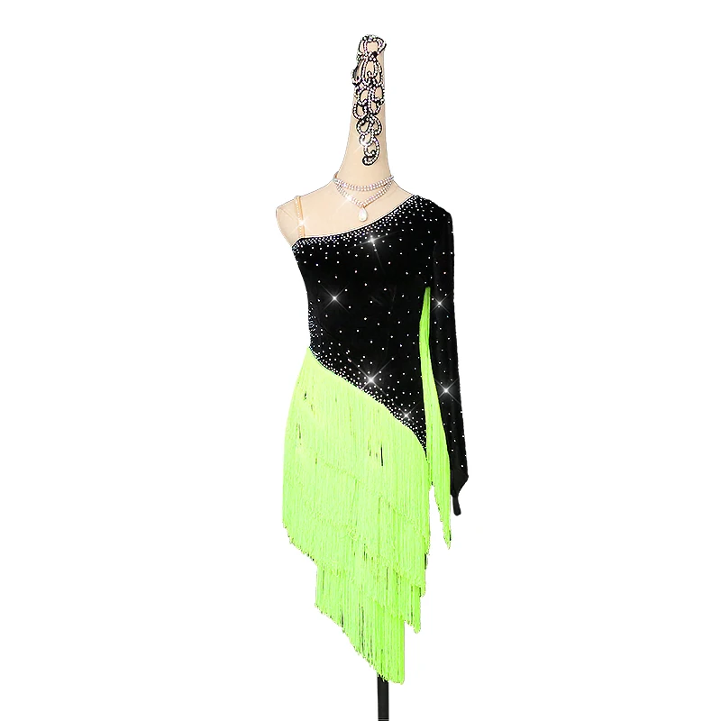 Latin Dance Dress New Fluorescent Green Tassels Autumn Dress Women Dance Competition Costume Rhinestones Dresses