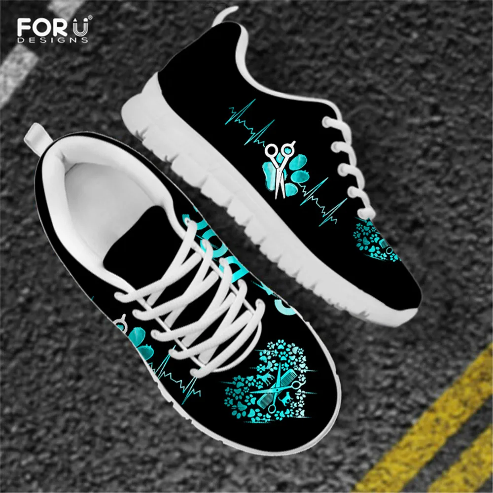 FORUDESIGNS Women Sneakers Flats Dog Groomer Heartbeat Teal Design Air
