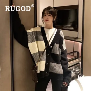 

RUGOD korean vintage coat for women v neck plaid pattern single breasted loose oversized knitwear fashion female warm cardigans