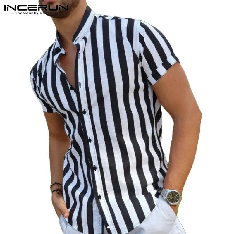 Casual Short Sleeved Shirt Short Sleeved Shirt Men Striped Stand Collar Short Sleeve Button Casual Shirt