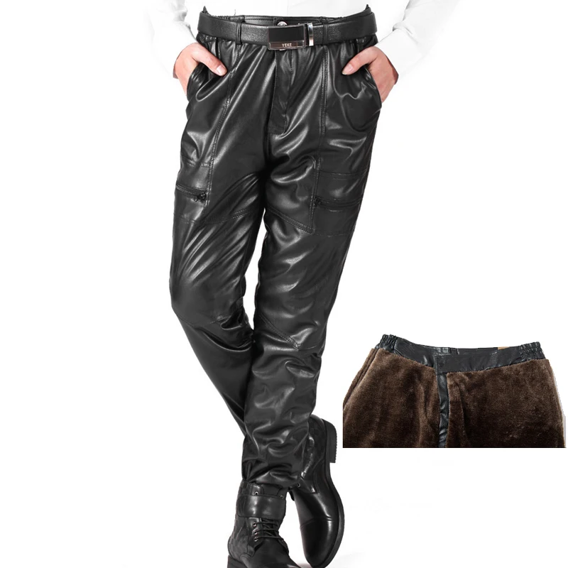 Winter Dikke Warme Faux Leren Broek Voor Mannen Losse Pu Leer Fleece Broek Mode Motorfiets Joggers Winddicht Broek Winter Dikke Warme Faux Leren Broek Voor Mannen Losse Pu Leer Fleece Broek Mode Motorfiets Joggers Winddicht Broek