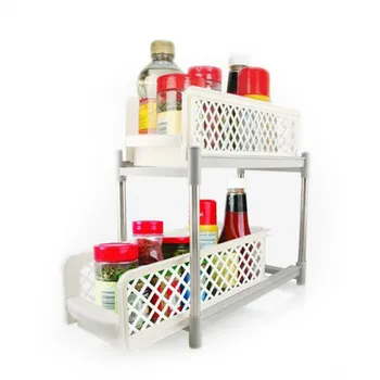 

New 2 Tiers Pull Out Kitchen Organizer Drawer Under Sink Storage Basket Spices Shelf Plastic Cabinet Shelves For Beverage Dishes