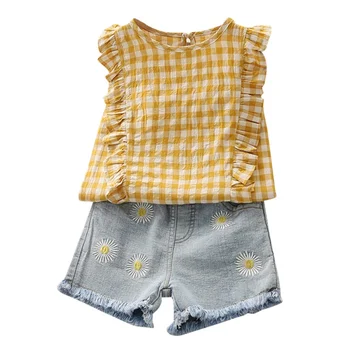 

Baby Girl Clothes Sleeveless Plaid T-shirt+Denim Pocket Shorts 2pcs Set Toddler Kid Clothes