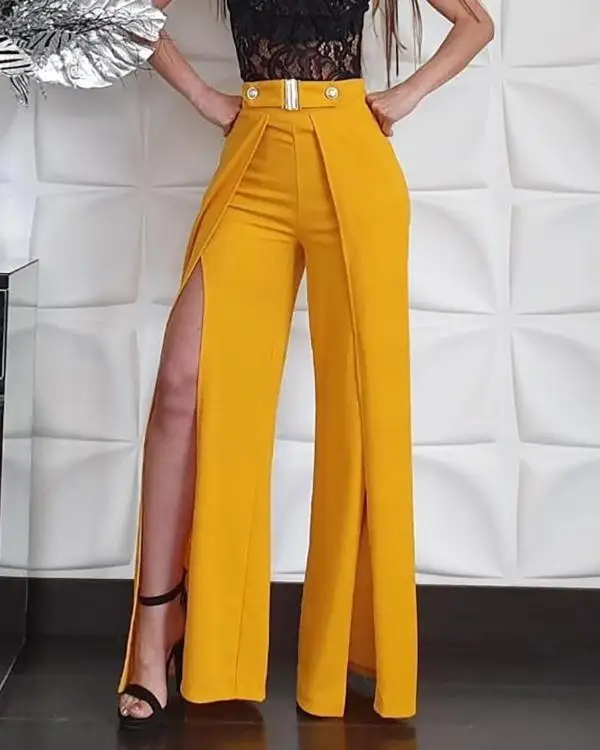 

Pure high waist open legged trousers Women solid color yellow split wide leg pants Autumn 2019 sexy streetwear pantalon femme