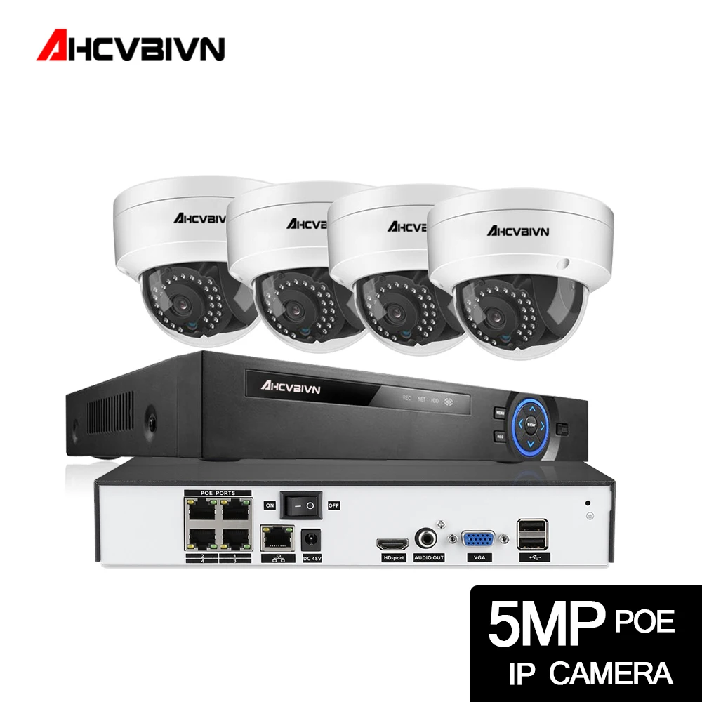 AHCVBIVN 5MP POE Комплект видеонаблюдения 4CH NVR CCTV камера системы 4 шт. мегапиксельная 5 Мп Всепогодная CCTV безопасности POE IP камера