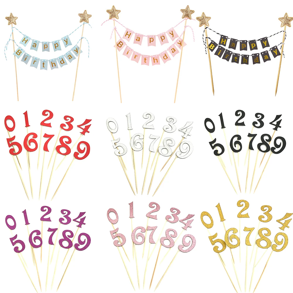 0-9 Number Happy Birtay Cake Topper Cupcake Toppers Flag Banner Birtay Cake Wedding Party Decoration Baby Shower Boy Girl