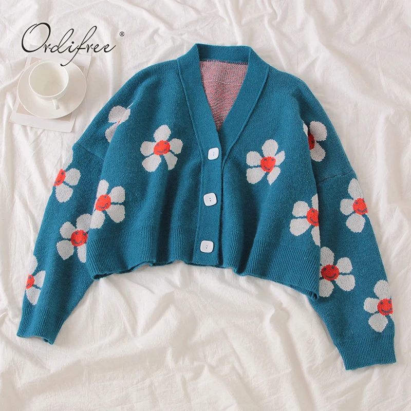 Ordifree Autumn Winter Women Knitted Cardigan Floral Print Vintage Cute Ladies Christmas Sweater Cardigan Jumper Pull