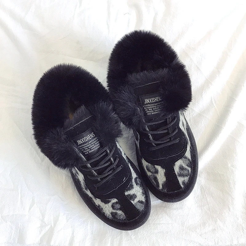 ERNESTNM/пикантные леопардовые снежные сапоги; женские зимние сапоги на плоской подошве; Короткие Плюшевые ботинки без застежки на низком каблуке; повседневные Черные ботинки на платформе; botas - Цвет: Black