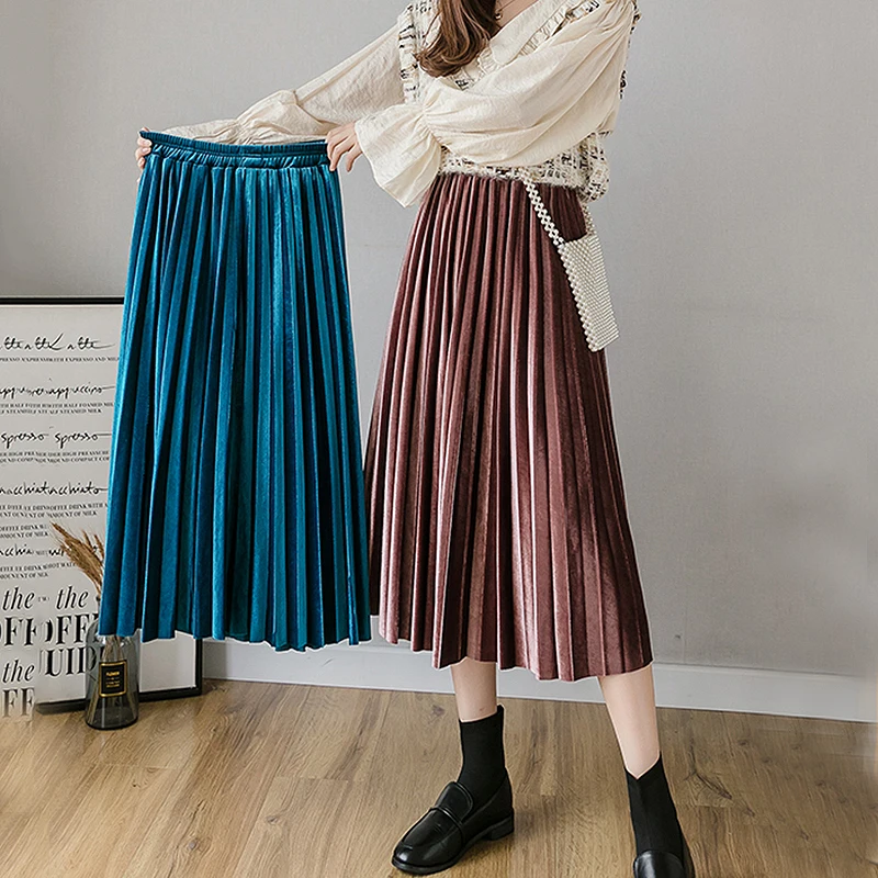 Осенние бархатные плиссированные юбки женские зимние длинные юбки с высокой талией женские Harajuku больших размеров миди юбка куртка женские юбки