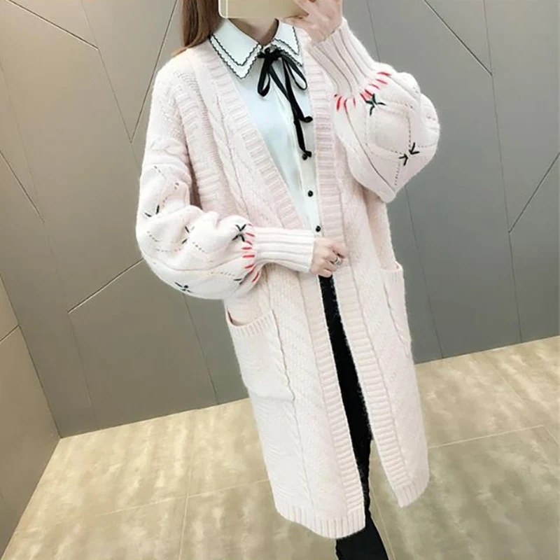 Knit Cardigan Autumn And Winter New Women's Long Handmade Embroidered Lantern Sleeve Loose Sweater Women's Jacket