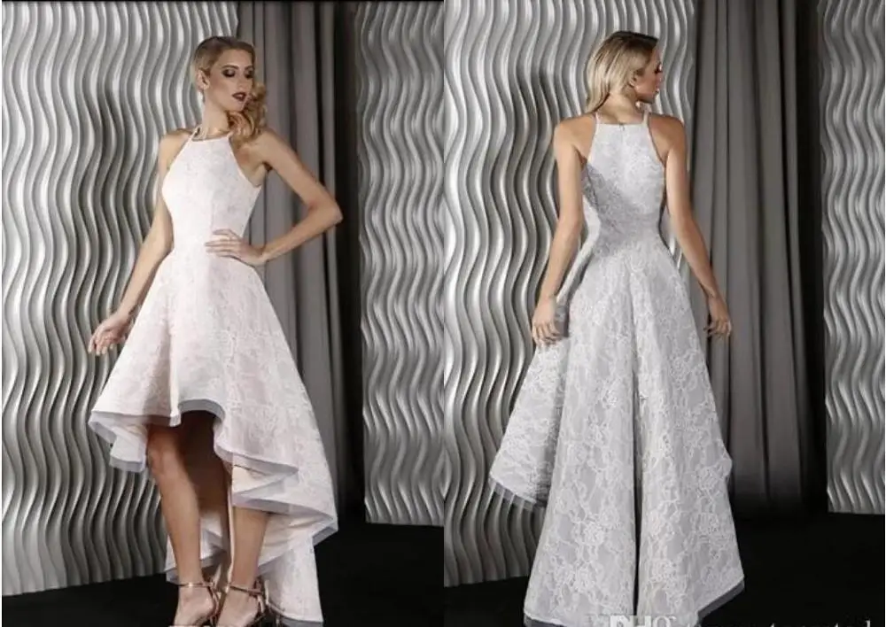 same as picture Fashion High Quality Lace High Low Prom Dresses A Line Halter Neck Black White Evening Party prom gown Elegant prom dress - Цвет: same as picture
