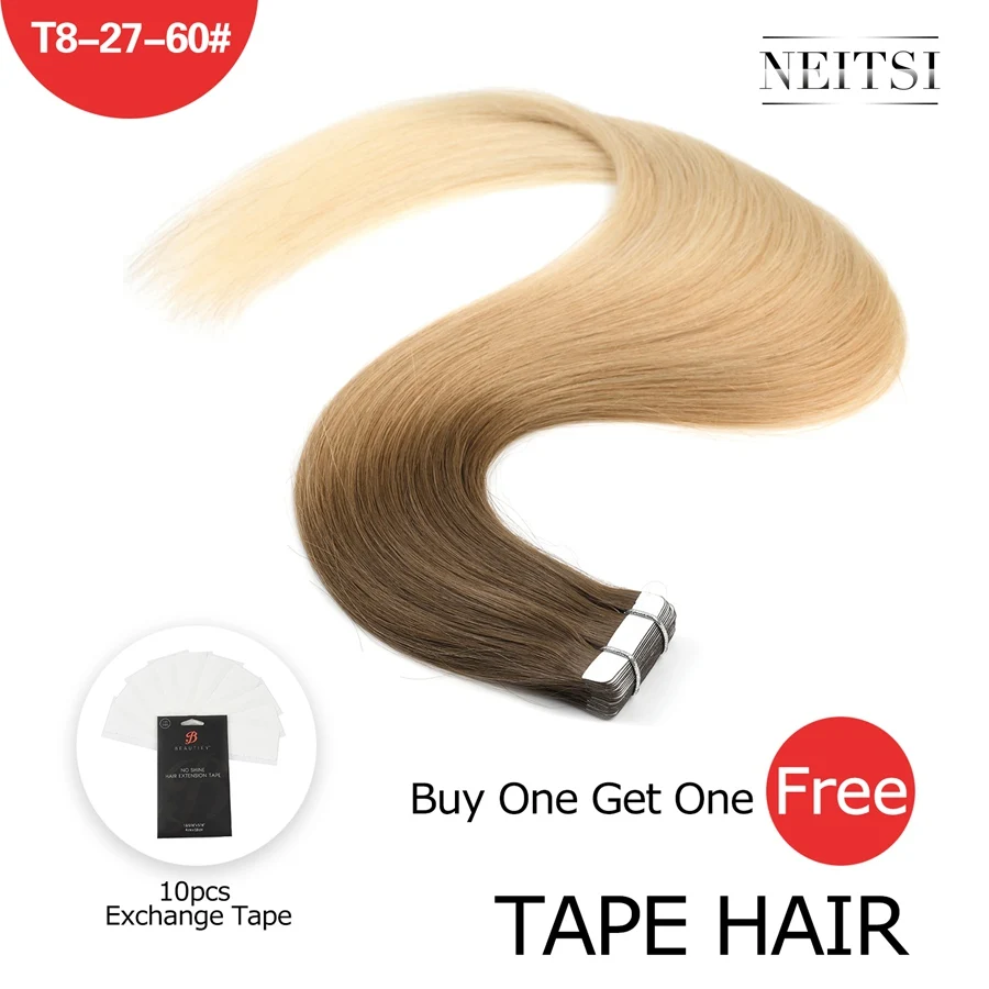 T8/27/60 # Neitsi Machine Made Remy Tape In Human Hair Extensions 20" Double Side Tape Straight Ombre Skin Weft Hair+ Free Exchange Tapes - Цвет: T8/27/60 #