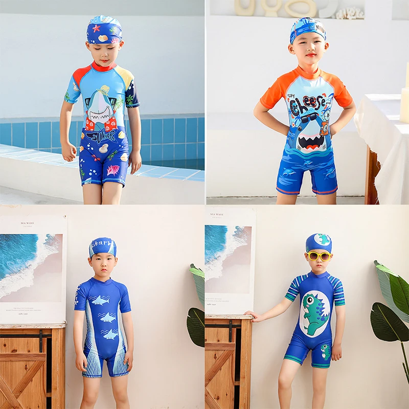 2021 New Hot One piece Toddler Boy Swimwear With Hat Fish Cartoon Print