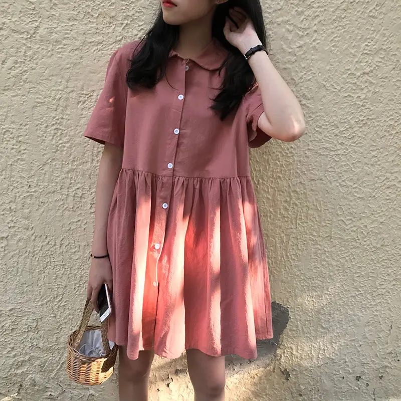 Short Sleeve Dress Women Friends Solid A-Line All-match Vintage Stylish Kawaii Simple Vestidos Daily Summer Single Breasted 2021 a line dress Dresses