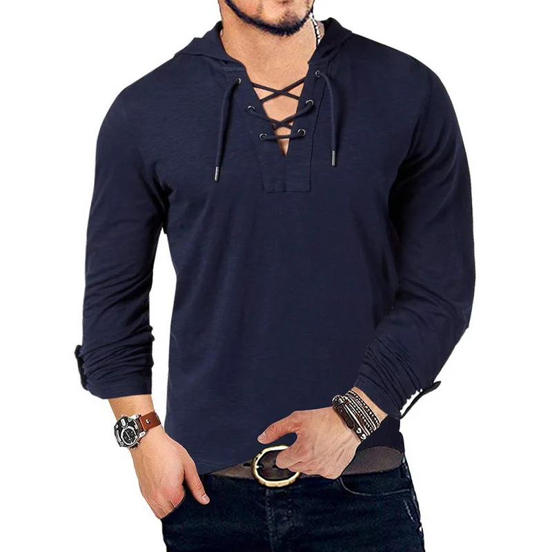 Модная мужская Однотонная футболка с капюшоном, стильная облегающая футболка со шнуровкой и воротником, новинка, повседневные топы с длинным рукавом, одежда для улицы, футболка