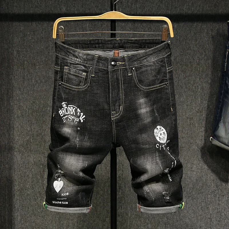 

New Men's Denim Shorts Printing Personality Motorcycle Denim Pants Fashion Skinny Simple Cotton Comfortable Male Casual Jeans