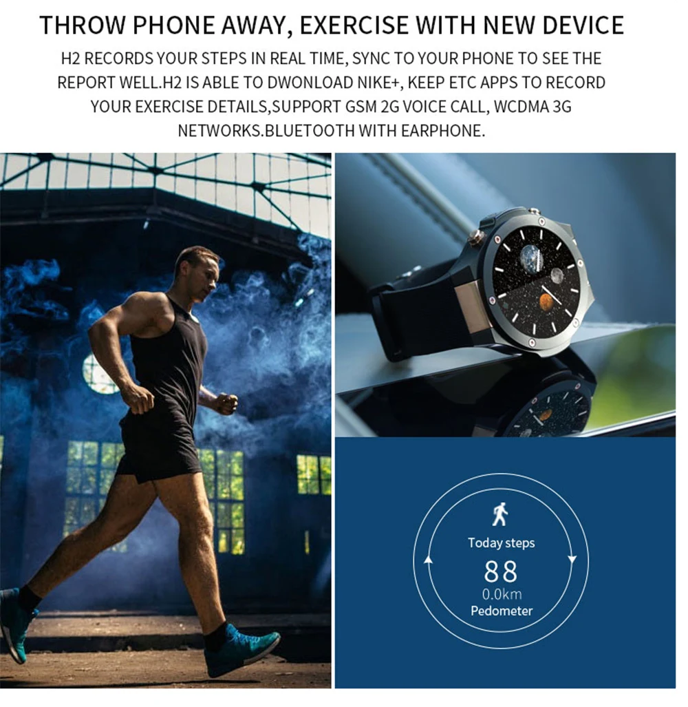 H2 3g Smartwatch телефон gps 1,39 дюймов Android 5,0 MTK6580 четырехъядерный 16 Гб МП камера монитор сердечного ритма шагомер