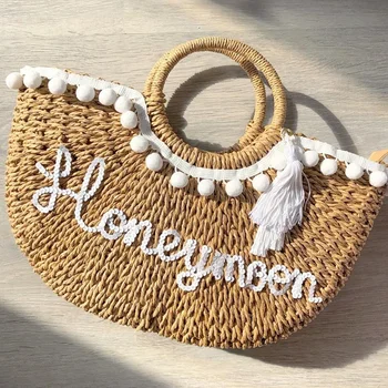 

Custom Beach Bag Straw Basket honeymoon handbag Tote Bag Bridesmaid With Pompom Sequins Tassel Bridal Gift For Her Wedding Bag
