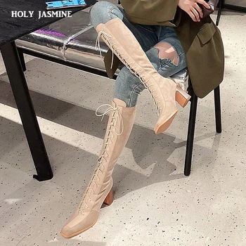 melhor Laço-up Do Joelho Botas Altas Mulheres Moda Conforto Bloco Calcanhar Botas De Inverno Senhoras Equitação Botas De Motocicleta 2020 Sapatos Femininos Botas Goth