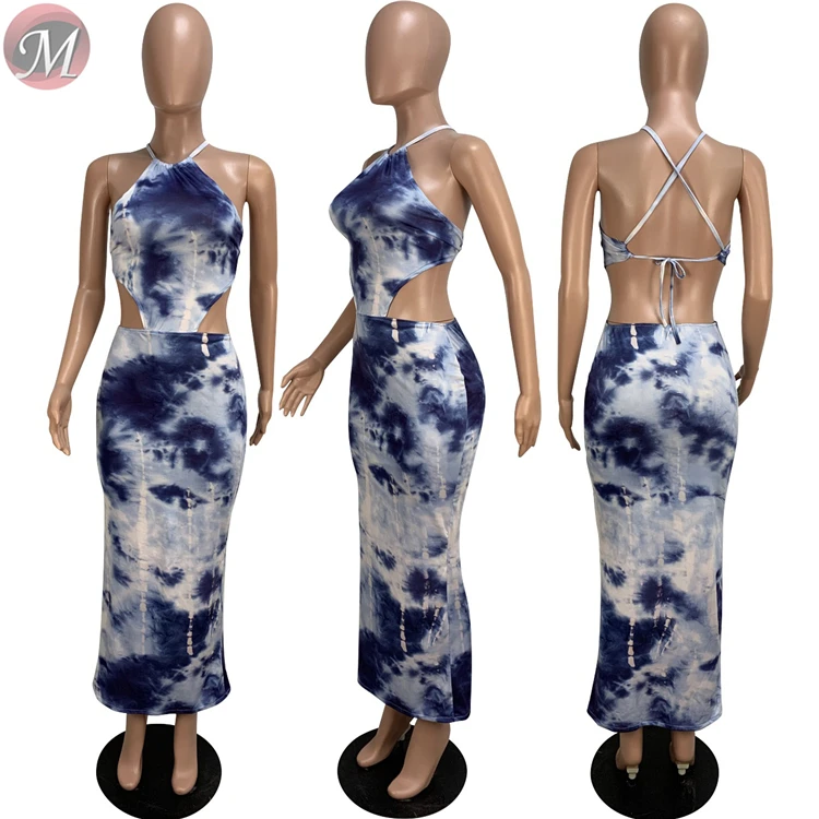9060601 queenmoen new design tie dye print straps backless woman summer long dress